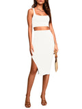 LC63966-1-S, LC63966-1-M, LC63966-1-L, LC63966-1-XL, White Women's 2 Piece Knit Outfit Set Square Neck Crop Top With Midi Skirt with Slit Party Dress