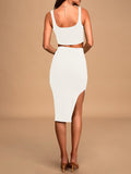 LC63966-1-S, LC63966-1-M, LC63966-1-L, LC63966-1-XL, White Women's 2 Piece Knit Outfit Set Square Neck Crop Top With Midi Skirt with Slit Party Dress