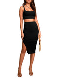 LC63966-2-S, LC63966-2-M, LC63966-2-L, LC63966-2-XL, Black Women's 2 Piece Knit Outfit Set Square Neck Crop Top With Midi Skirt with Slit Party Dress