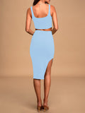 LC63966-4-S, LC63966-4-M, LC63966-4-L, LC63966-4-XL, Sky Blue Women's 2 Piece Knit Outfit Set Square Neck Crop Top With Midi Skirt with Slit Party Dress