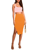 LC63966-14-S, LC63966-14-M, LC63966-14-L, LC63966-14-XL, Orange Women's 2 Piece Knit Outfit Set Square Neck Crop Top With Midi Skirt with Slit Party Dress