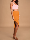 LC63966-14-S, LC63966-14-M, LC63966-14-L, LC63966-14-XL, Orange Women's 2 Piece Knit Outfit Set Square Neck Crop Top With Midi Skirt with Slit Party Dress