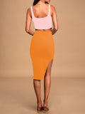 LC63966-14-S, LC63966-14-M, LC63966-14-L, LC63966-14-XL, Orange Women's 2 Piece Knit Outfit Set Square Neck Crop Top With Midi Skirt with Slit Party Dress
