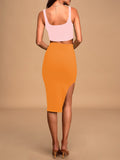 LC63966-14-S, LC63966-14-M, LC63966-14-L, LC63966-14-XL, Orange Women's 2 Piece Knit Outfit Set Square Neck Crop Top With Midi Skirt with Slit Party Dress