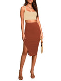 LC63966-17-S, LC63966-17-M, LC63966-17-L, LC63966-17-XL, Brown Women's 2 Piece Knit Outfit Set Square Neck Crop Top With Midi Skirt with Slit Party Dress