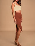 LC63966-17-S, LC63966-17-M, LC63966-17-L, LC63966-17-XL, Brown Women's 2 Piece Knit Outfit Set Square Neck Crop Top With Midi Skirt with Slit Party Dress