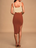 LC63966-17-S, LC63966-17-M, LC63966-17-L, LC63966-17-XL, Brown Women's 2 Piece Knit Outfit Set Square Neck Crop Top With Midi Skirt with Slit Party Dress