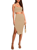 LC63966-18-S, LC63966-18-M, LC63966-18-L, LC63966-18-XL, Apricot Women's 2 Piece Knit Outfit Set Square Neck Crop Top With Midi Skirt with Slit Party Dress