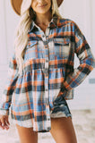 LC854250-22-S, LC854250-22-M, LC854250-22-L, LC854250-22-XL, LC854250-22-2XL, Multicolor Womens Plaid Shacket Button Down Shirt Ruffled Jacket