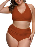 PSW7827BR-2XL, PSW7827BR-3XL, PSW7827BR-4XL, PSW7827BR-XL, Brown Women's Plus Size Two Piece Halter High Waist Tummy Control Bathing Suit