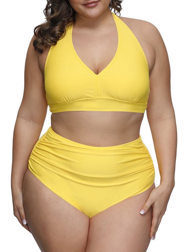 PSW7827YE-2XL, PSW7827YE-3XL, PSW7827YE-4XL, PSW7827YE-XL, Yellow Women's Plus Size Two Piece Halter High Waist Tummy Control Bathing Suit