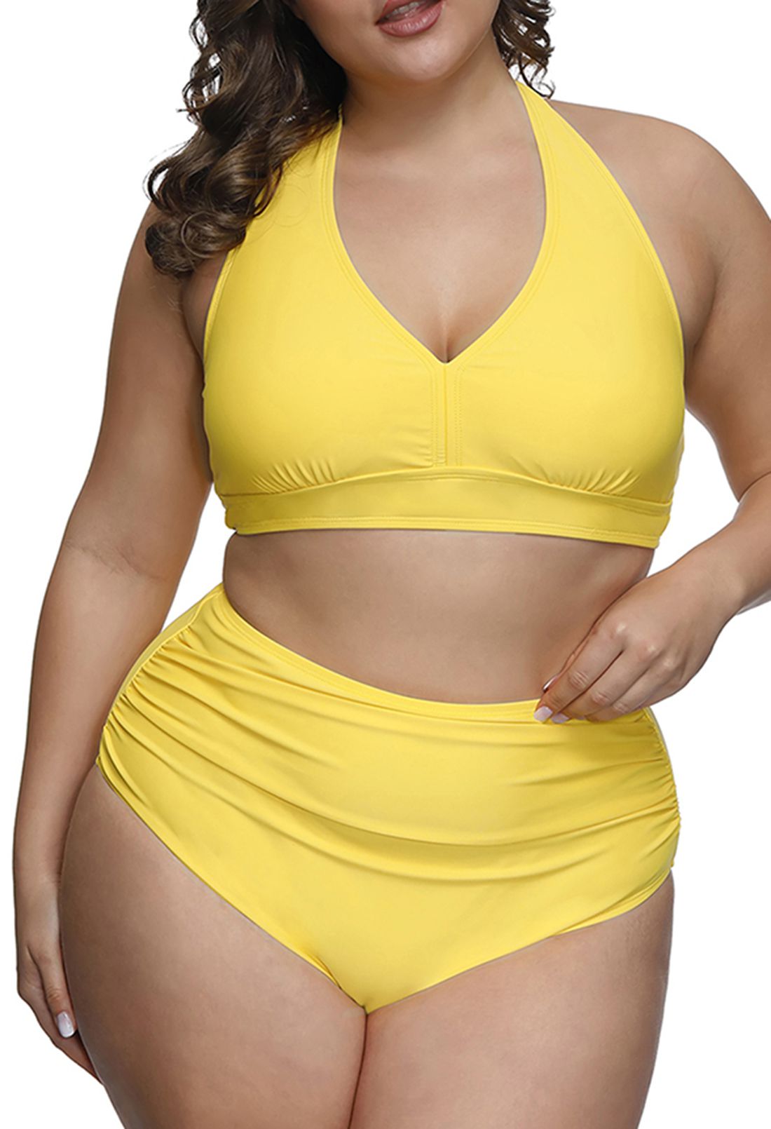 PSW7827YE-2XL, PSW7827YE-3XL, PSW7827YE-4XL, PSW7827YE-XL, Yellow Women's Plus Size Two Piece Halter High Waist Tummy Control Bathing Suit