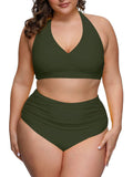 PSW7827AG-2XL, PSW7827AG-3XL, PSW7827AG-4XL, PSW7827AG-XL, Army Green Women's Plus Size Two Piece Halter High Waist Tummy Control Bathing Suit