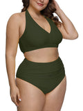 PSW7827AG-2XL, PSW7827AG-3XL, PSW7827AG-4XL, PSW7827AG-XL, Army Green Women's Plus Size Two Piece Halter High Waist Tummy Control Bathing Suit