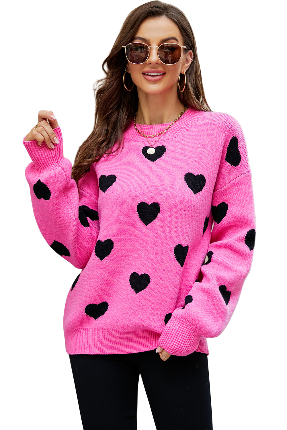LC2722793-6-S, LC2722793-6-M, LC2722793-6-L, LC2722793-6-XL, Rose Womens Heart Print Pullover Sweaters Valentine Tops