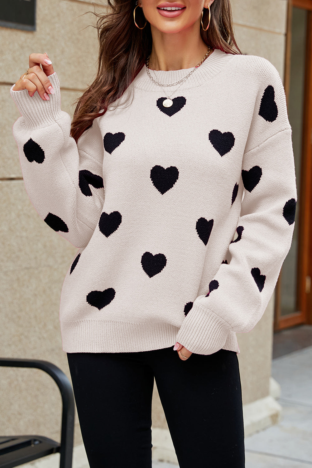 LC2722793-18-S, LC2722793-18-M, LC2722793-18-L, LC2722793-18-XL, Apricot Womens Heart Print Pullover Sweaters Valentine Tops