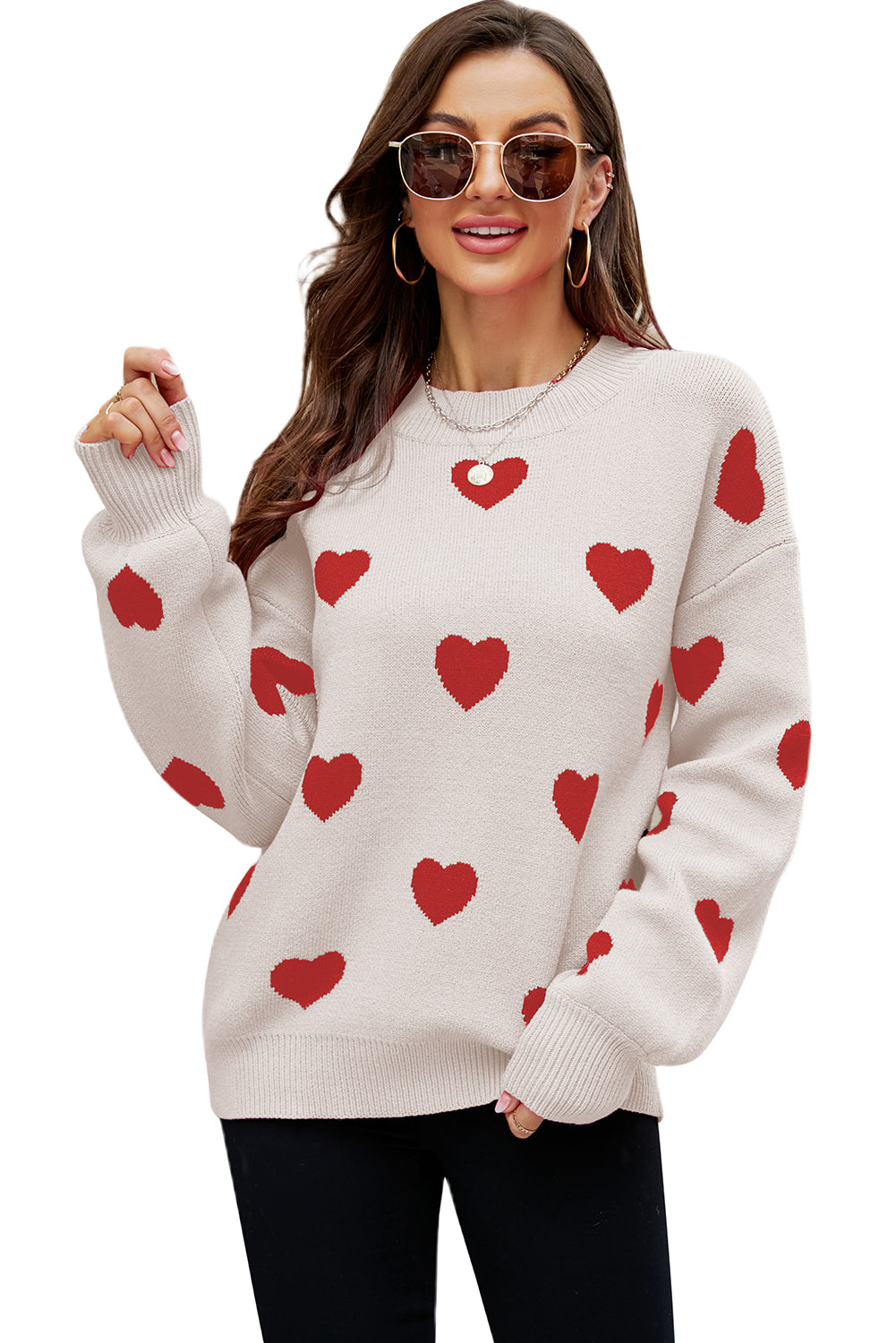 LC2722793-1018-S, LC2722793-1018-M, LC2722793-1018-L, LC2722793-1018-XL, Apricot Womens Heart Print Pullover Sweaters Valentine Tops