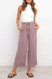 LC771296-10-S, LC771296-10-M, LC771296-10-L, LC771296-10-XL, Pink Women's High Waist Paper Bag Straight Leg Cropped Long Pants with Pocket