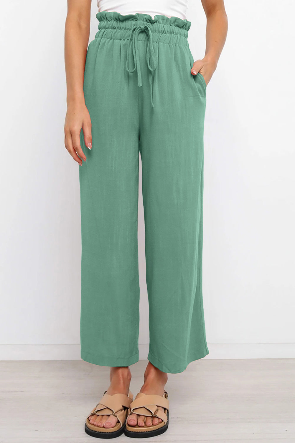 LC771296-209-S, LC771296-209-M, LC771296-209-L, LC771296-209-XL, Green Women's High Waist Paper Bag Straight Leg Cropped Long Pants with Pocket