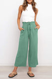 LC771296-209-S, LC771296-209-M, LC771296-209-L, LC771296-209-XL, Green Women's High Waist Paper Bag Straight Leg Cropped Long Pants with Pocket