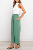 LC771296-209-S, LC771296-209-M, LC771296-209-L, LC771296-209-XL, Green Women's High Waist Paper Bag Straight Leg Cropped Long Pants with Pocket