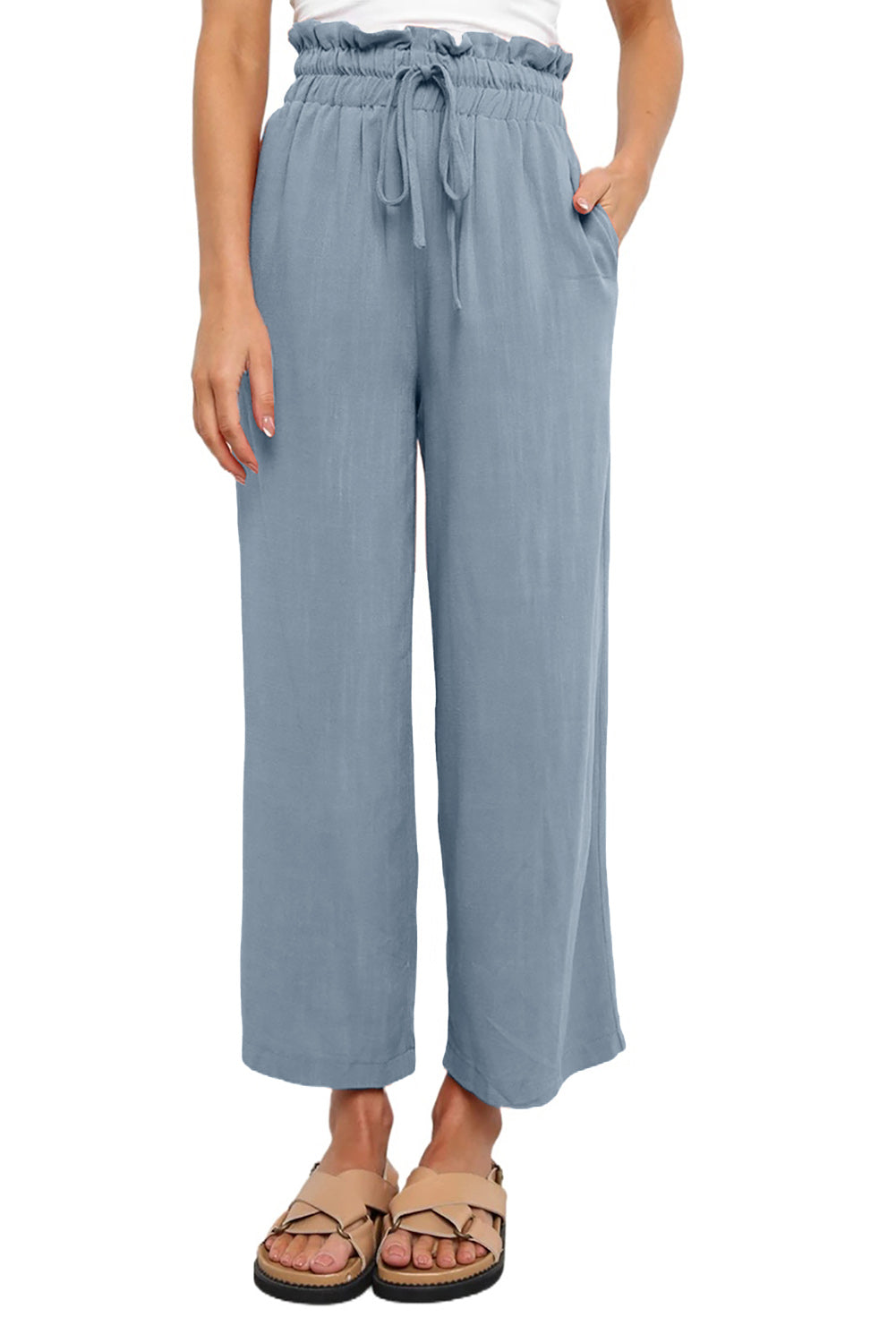 LC771296-4-S, LC771296-4-M, LC771296-4-L, LC771296-4-XL, Sky Blue Women's High Waist Paper Bag Straight Leg Cropped Long Pants with Pocket