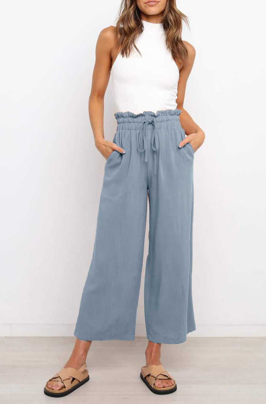 LC771296-4-S, LC771296-4-M, LC771296-4-L, LC771296-4-XL, Sky Blue Women's High Waist Paper Bag Straight Leg Cropped Long Pants with Pocket