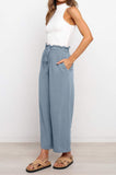 LC771296-4-S, LC771296-4-M, LC771296-4-L, LC771296-4-XL, Sky Blue Women's High Waist Paper Bag Straight Leg Cropped Long Pants with Pocket