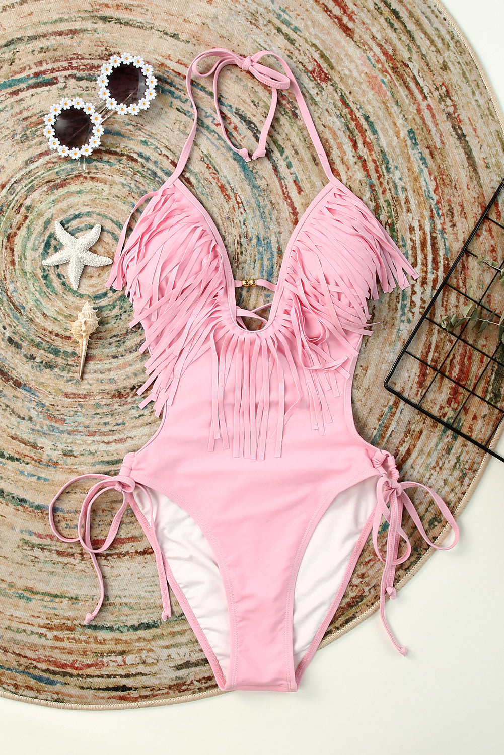 LC443432-10-S, LC443432-10-M, LC443432-10-L, LC443432-10-XL, LC443432-10-2XL, Pink Tassel One Piece Swimsuits for Women Halter Backless Sexy Swimwear
