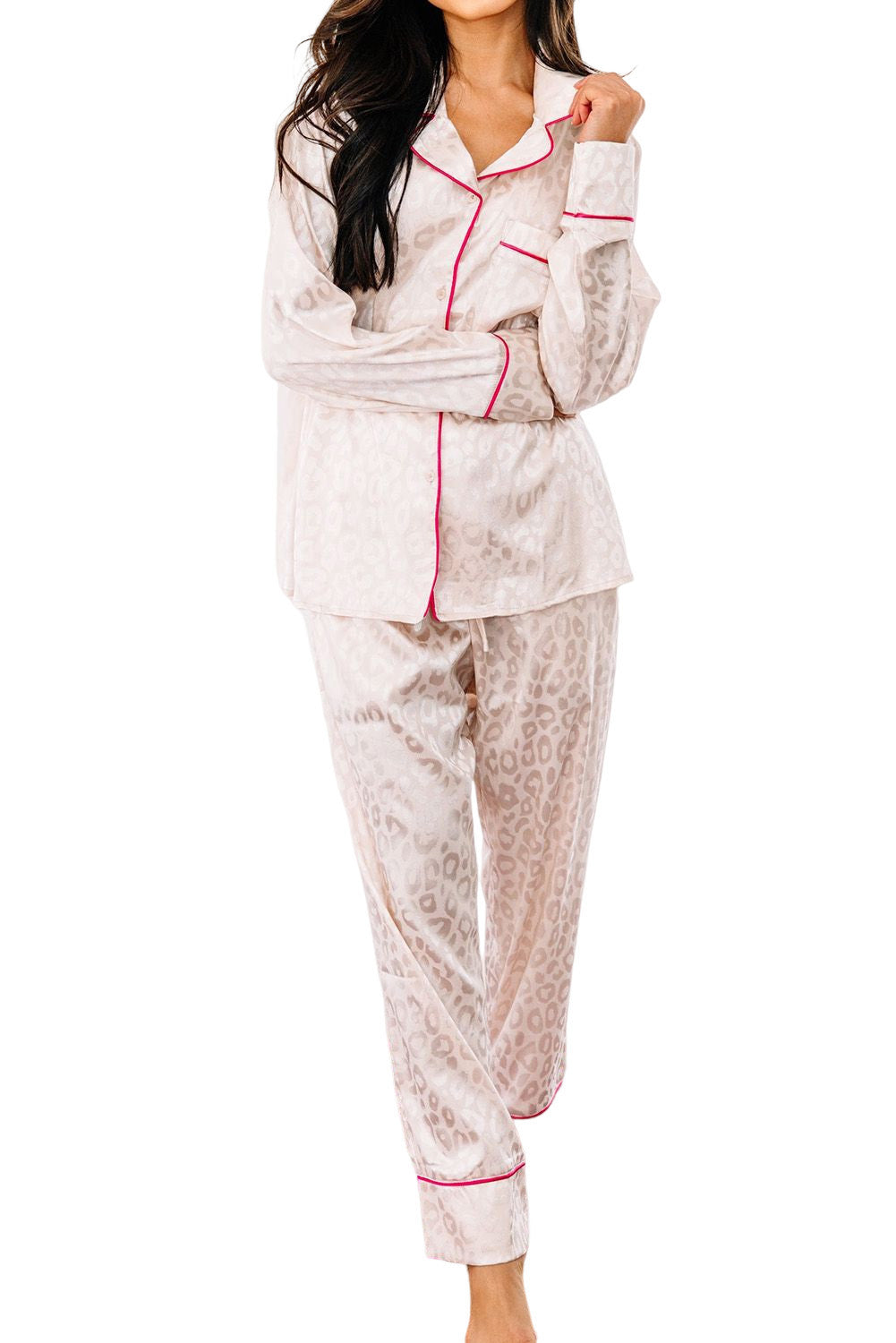 LC15356-1-S, LC15356-1-M, LC15356-1-L, LC15356-1-XL, White Satin Pajama Set Women Leopard Long Sleeve Sleepwear