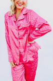 LC15356-6-S, LC15356-6-M, LC15356-6-L, LC15356-6-XL, Rose Satin Pajama Set Women Leopard Long Sleeve Sleepwear