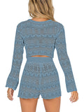 LC624942-5-S, LC624942-5-M, LC624942-5-L, LC624942-5-XL, Blue Long Sleeve Crop Top with Shorts Two Piece Knit Set for Women
