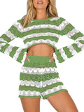 LC624942-9-S, LC624942-9-M, LC624942-9-L, LC624942-9-XL, Green Long Sleeve Crop Top with Shorts Two Piece Knit Set for Women