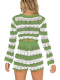 LC624942-9-S, LC624942-9-M, LC624942-9-L, LC624942-9-XL, Green Long Sleeve Crop Top with Shorts Two Piece Knit Set for Women