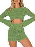LC624942-109-S, LC624942-109-M, LC624942-109-L, LC624942-109-XL, Green Long Sleeve Crop Top with Shorts Two Piece Knit Set for Women