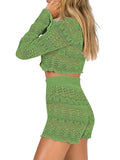 LC624942-109-S, LC624942-109-M, LC624942-109-L, LC624942-109-XL, Green Long Sleeve Crop Top with Shorts Two Piece Knit Set for Women