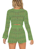 LC624942-109-S, LC624942-109-M, LC624942-109-L, LC624942-109-XL, Green Long Sleeve Crop Top with Shorts Two Piece Knit Set for Women