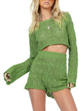 LC624942-109-S, LC624942-109-M, LC624942-109-L, LC624942-109-XL, Green Long Sleeve Crop Top with Shorts Two Piece Knit Set for Women