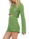 LC624942-109-S, LC624942-109-M, LC624942-109-L, LC624942-109-XL, Green Long Sleeve Crop Top with Shorts Two Piece Knit Set for Women