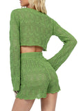 LC624942-109-S, LC624942-109-M, LC624942-109-L, LC624942-109-XL, Green Long Sleeve Crop Top with Shorts Two Piece Knit Set for Women