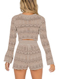 LC624942-1018-S, LC624942-1018-M, LC624942-1018-L, LC624942-1018-XL, Apricot Long Sleeve Crop Top with Shorts Two Piece Knit Set for Women