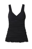 LC415776-2-S, LC415776-2-M, LC415776-2-L, LC415776-2-XL, LC415776-2-2XL, Black Women Criss Cross Back Tie Ruched Ruffled Tankini Bathing Suit with Shorts