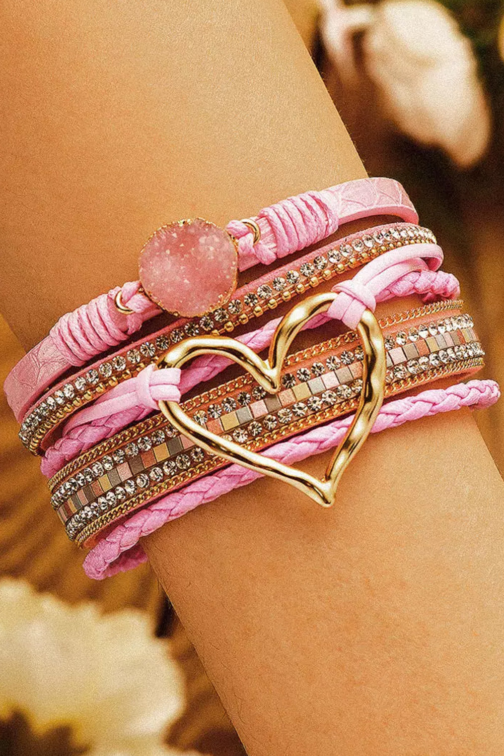 BH011916-10, Pink Bohemian Heart Rhinestone Magnetic Clasp Bracelet Gifts for Women