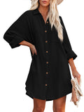 LC6113665-2-S, LC6113665-2-M, LC6113665-2-L, LC6113665-2-XL, Black Women's V Neck Long Sleeve Shirt Dress Button Down Tunic Top Casual Blouse