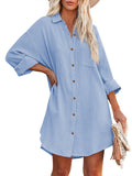 LC6113665-4-S, LC6113665-4-M, LC6113665-4-L, LC6113665-4-XL, Sky Blue Women's V Neck Long Sleeve Shirt Dress Button Down Tunic Top Casual Blouse