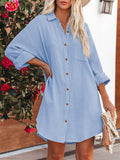 LC6113665-4-S, LC6113665-4-M, LC6113665-4-L, LC6113665-4-XL, Sky Blue Women's V Neck Long Sleeve Shirt Dress Button Down Tunic Top Casual Blouse