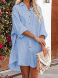 LC6113665-4-S, LC6113665-4-M, LC6113665-4-L, LC6113665-4-XL, Sky Blue Women's V Neck Long Sleeve Shirt Dress Button Down Tunic Top Casual Blouse