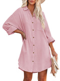 LC6113665-6-S, LC6113665-6-M, LC6113665-6-L, LC6113665-6-XL, Rose Women's V Neck Long Sleeve Shirt Dress Button Down Tunic Top Casual Blouse