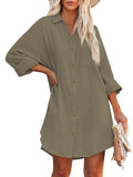 LC6113665-9-S, LC6113665-9-M, LC6113665-9-L, LC6113665-9-XL, Green Women's V Neck Long Sleeve Shirt Dress Button Down Tunic Top Casual Blouse