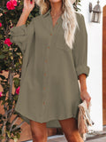 LC6113665-9-S, LC6113665-9-M, LC6113665-9-L, LC6113665-9-XL, Green Women's V Neck Long Sleeve Shirt Dress Button Down Tunic Top Casual Blouse